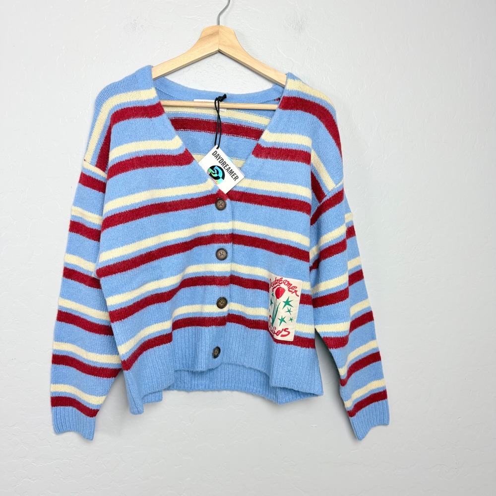 Daydreamer Studios Soft Striped Knit Cardigan Sweater Blue Red Cream Medium NWT